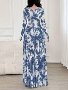 Feyla 女士扎染印花圆领长袖褶皱连衣裙，优雅 - 藍色 - 查看 6