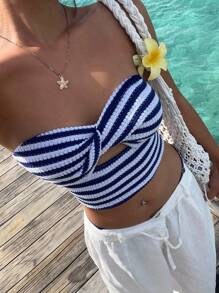 Sunnyshic Blau & Weiß gestreiftes Crop Top mit angerauter Ananasstruktur und Twist-Knoten, rückenfreie Passform, elegant sexy für Strandurlaub, Party, Alltagstragen, Lässig Date, süß und niedlich für Damen im Sommer