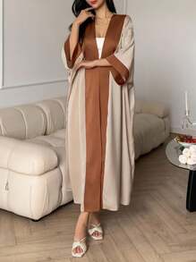 DAZY Bata suelta con bloque de color, mangas con empalmado, encaje floral y ribete, pijama de otoño para mujer - Marrón - Ver 6