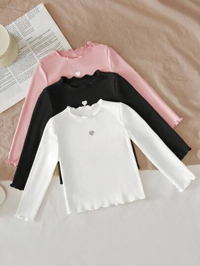SHEIN LMoss Kids LMoss 3pcs/Set Baby Girls' Cute Knitted Heart Pattern Ruffled Hem Tops, Autumn/Winter Toddler Girl Long Sleeve Shirt Baby Girl Long Sleeve Top Toddler Girl Tops Ribbed Knit Top Heart Shirt Baby Girl Tops Ribbed Baby Shirt Heart Baby Shirt Fall