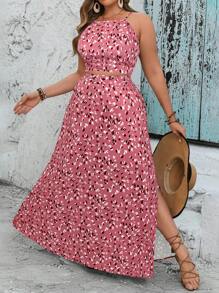 SHEIN VCAY Bộ đồ hai mảnh họa tiết lá và chân váy xẻ tà cỡ lớn cho nữ - Hồng - Xem 4