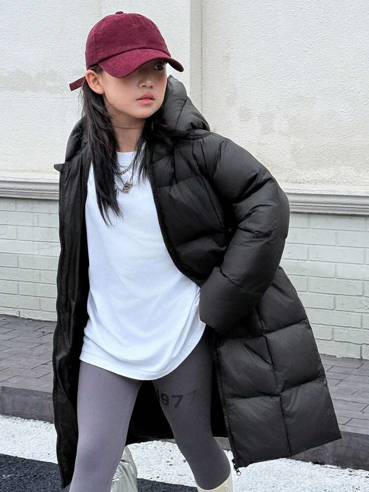 Tween Girls Solid Color Korean Style Long Hooded Padded Coat, Winter