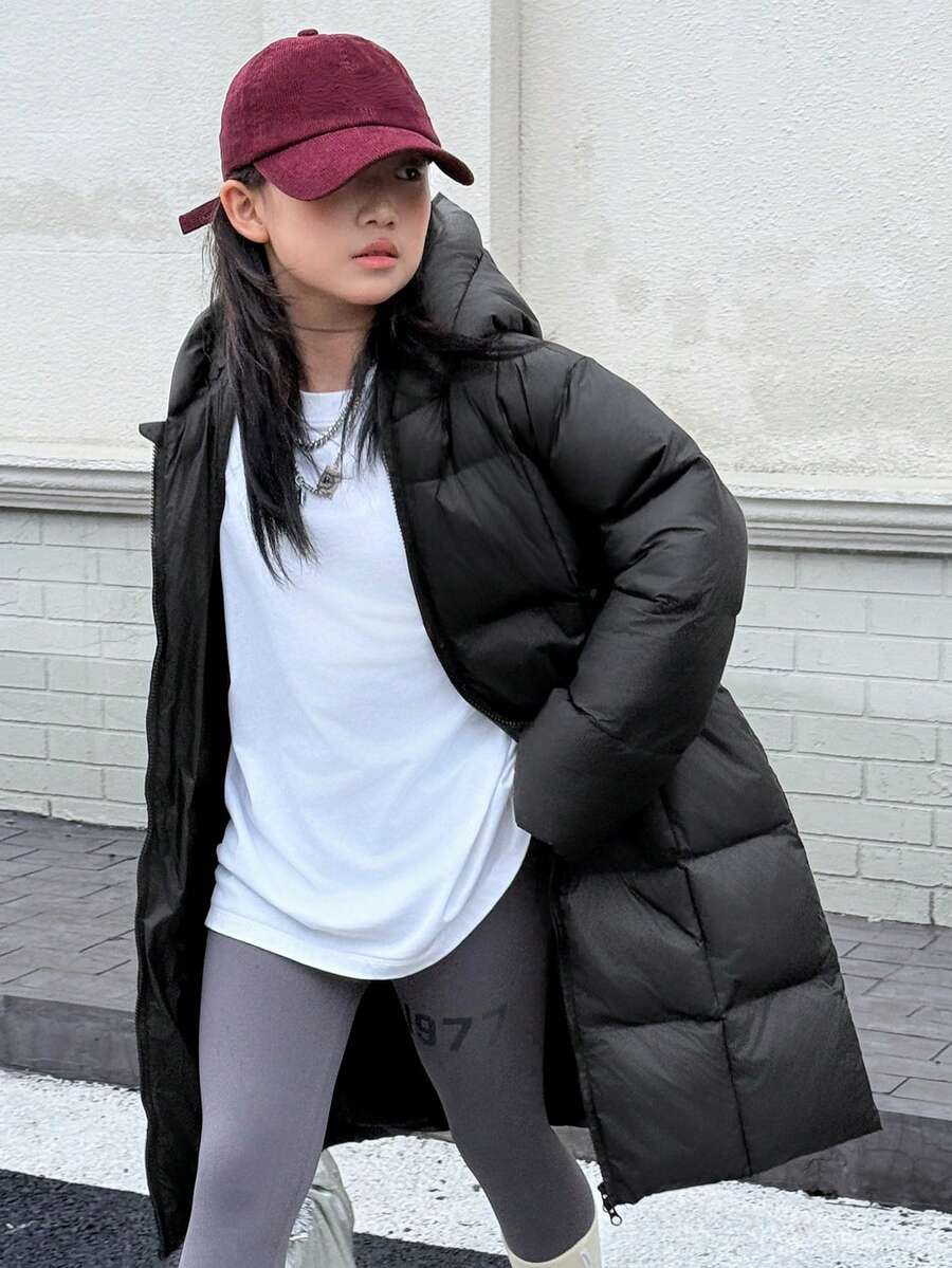 DAZY 女童纯色韩版长款连帽棉衣，冬季 - 黑色 - 查看 1