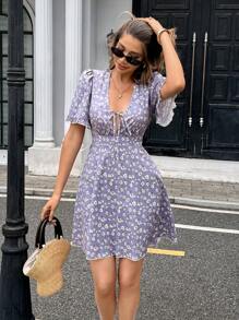 Chiquease Women's Vacation Ditsy Floral Front Tie Puff Sleeve Mini Dress - Purple - View 5