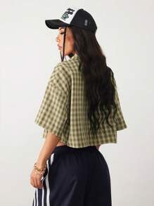 Coolane Women's Spring/Summer Vintage Preppy Crop Plaid Loose Crop Tops Red Shirt For New Years