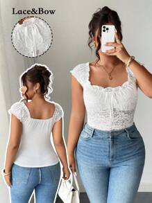 Elenzga Camiseta elegante y dulce para mujer con lazo decorativo de encaje y cordón en el busto