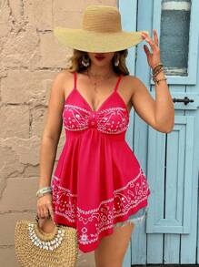 SHEIN Holidaya Camicetta casual da donna taglie forti, stile vacanza, con stampa a balze in bianco e nero irregolare a-line