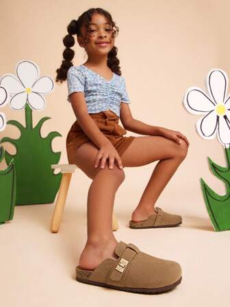 Mini mi Quiet Luxury Kids Minimalist Gold Locker Cork Footbed Taupe Clogs – Playful, Arch Support &Beach-To-Garden Style