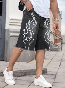 Manfinity LEGND Shorts vaqueros holgados de talla grande con estampado de llamas y lavado de agua para hombre, para el verano