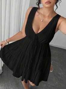 Elenzga 女式加大码无袖蝴蝶结荷叶边多层蛋糕连衣裙 - 黑色 - 查看 6