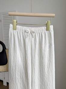 SHEIN Pantalones rectos con efecto de lino a rayas para niñas en primavera y verano, cómodos y amigables con la piel, de estilo minimalista y chic casual, adecuados para varias ocasiones - Beis - Ver 6