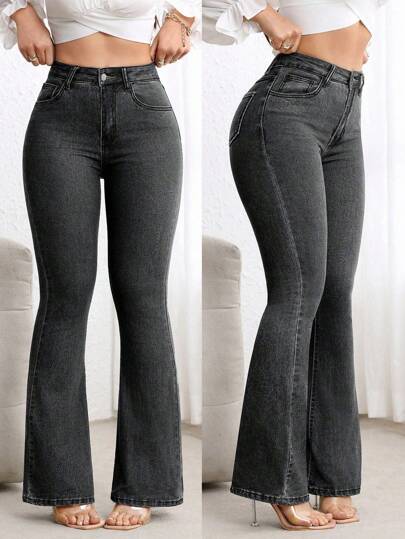 Flexra Jeans casuales de mujer con vuelo y bolsillos, versátiles