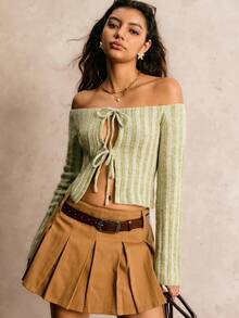 Easelle Women's Autumn And Winter Retro Casual Office Commuting Modern Fashion Elegant Sexy Bow Tie Hollow And Green Wide Pit Stripes One Shoulder Slim Wool Top