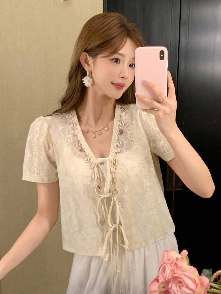 Lace Crochet Knit Cardigan, Casual Vacation/Beach Cover Up, V-Neck Drawstring Tie Short Sleeve Blouse For Women, Summer,Crop Tops Women