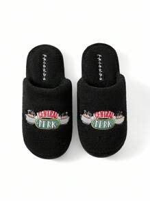 FRIENDS X SHEIN Pantuflas mullidas bordadas con taza de café Central Perk para mujer, suaves y cómodas para el hogar, la sala de estar, el dormitorio, regalos