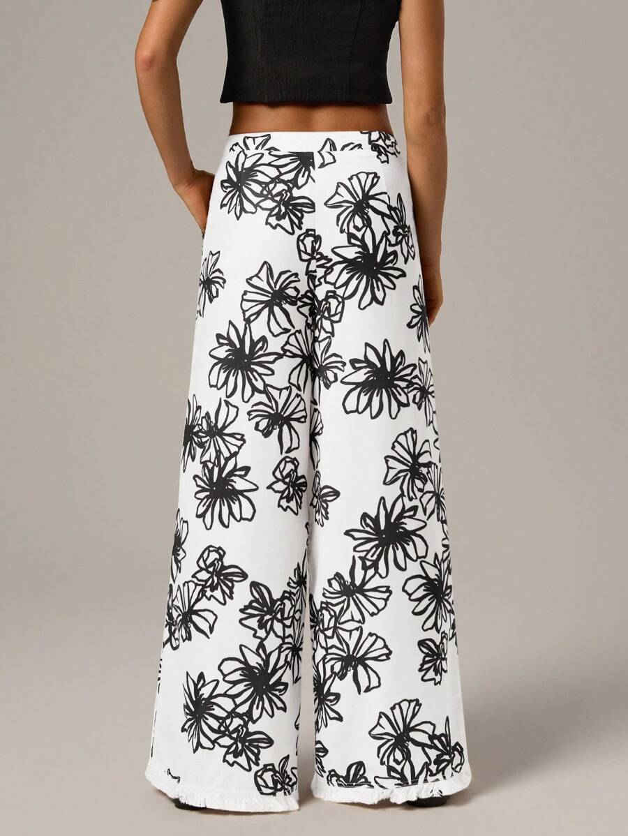 SHEIN Forever 21 女士春季海滩度假休闲流苏亚麻花卉印花阔腿裤