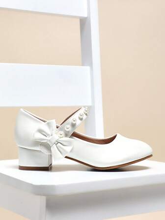 Mini mi كعب أيفوري فستان ماري جين بوشاح اللؤلؤ للبنات بتصميم أنيق للحفلات والمناسبات الخاصة - أحذية فستان الأميرة البيضاء ذات أصابع مدورة