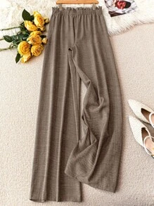 Linhara Plus Size Casual Solid Color Wide Leg Pants Fall Cloth For Women - Apricot - View 2