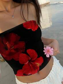 Aloruh 女士花卉印花休闲无缝抹胸短款上衣，适合夏季度假，红色 - 彩色 - 查看 1