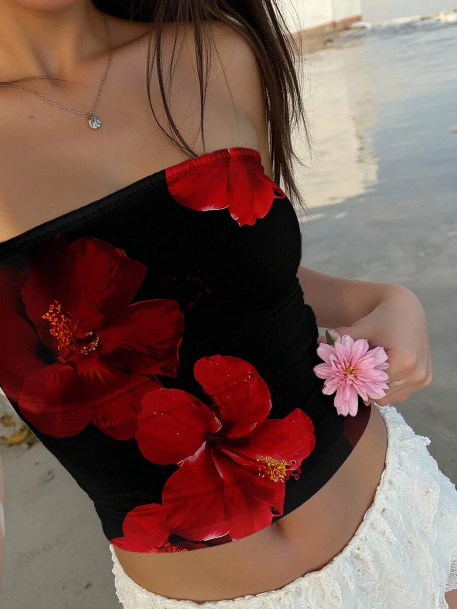 Aloruh 女士花卉印花休闲无缝抹胸短款上衣，适合夏季度假，红色 - 彩色 - 查看 1