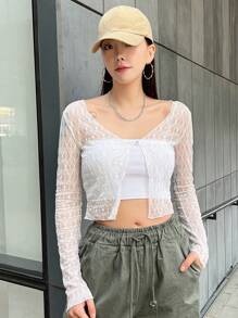DAZY 1pc Button Front Crop Top Festival Sheer Long Sleeve Women Tops - White - View 8