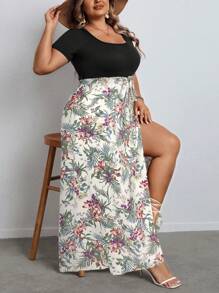 SHEIN VCAY Plus Size Women Vacation Tropical Plant Print Side Slit Hem Short Sleeve Casual Dress