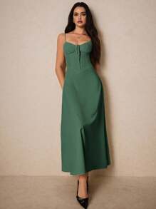 Women's Summer Casual Solid Color Bust Pleated Twist Back Tie Strap Dress, Slim Fit - Green - View 6
