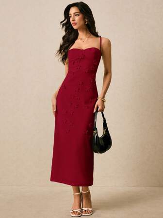 Poéselle 女士优雅 3D 花卉装饰细肩带连衣裙，夏季