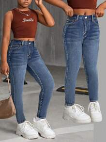 Tween Girl Fashion Y2k Vintage Blue Stretch Skinny Jeans,Comfortable Washable Soft Casual School Summer Dailywear Back-To-School Homecoming Streetwear - Blue - View 2