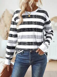 EMERY ROSE Women Crew Neck Long Sleeve Striped Casual Top Graphic Tees Women Tops For Spring Fall Cloth For Women - Multicolor - View 4