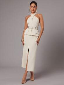 女士时尚露背吊带上衣和半身裙套装，适合通勤 - 杏色 - 查看 4