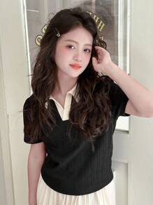 Dazy Kids 少女撞色领短袖休闲百搭T恤，夏季，返校季 - 黑色 - 查看 3