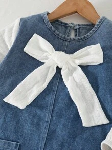 Elladie kids Young Girls Denim Dress With Butterfly Decor, 2-In-1 Design, Contrast Color Blue, Cute Casual Style For Autumn, Back-To-School, Spring & All Seasons - Blue and White - View 7
