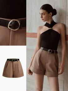 MOTF PREMIUM Shorts con bolsillos en ángulo, pliegues plegados, dobladillo con puño y cinturón