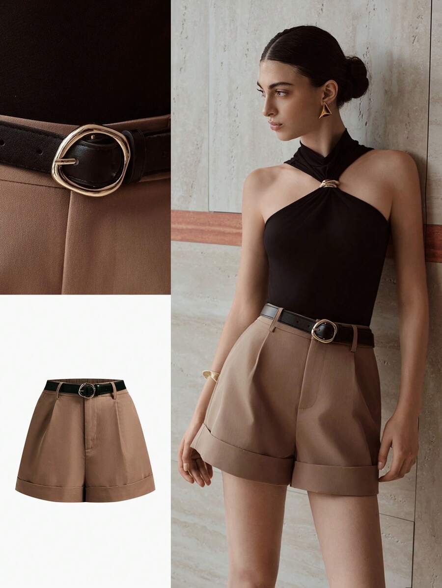 MOTF PREMIUM SLANT POCKET FOLD PLEATED CUFFED HEM BELTED SHORTS - Khaki - View 2