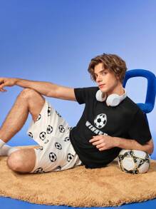 NotGurli Men's Football Print Short Sleeve Shorts Pajama Set