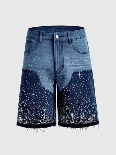 ROMWE Avant Pantalones cortos vaqueros casuales para hombres con decoración de bolsillo de color contrastante y diamantes