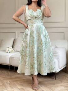 SHEIN Clasi Damen Große Größen Sommer Elegant Gewebe-Jacquard Taillengerafftes Langes Kleid - Verschiedenfarbig - Übersicht 6
