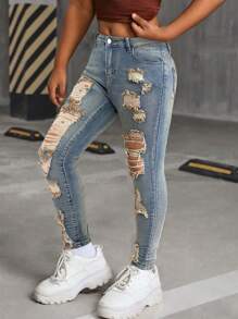 少女时尚休闲复古Y2K镂空破洞磨边设计舒适宽松柔软蓝色弹力修身牛仔裤，适合少女日常穿着，也适合秋季、冬季穿着，是返校、返校节、锐舞派对、音乐节和海滩活动的理想选择。 - 藍色 - 查看 4