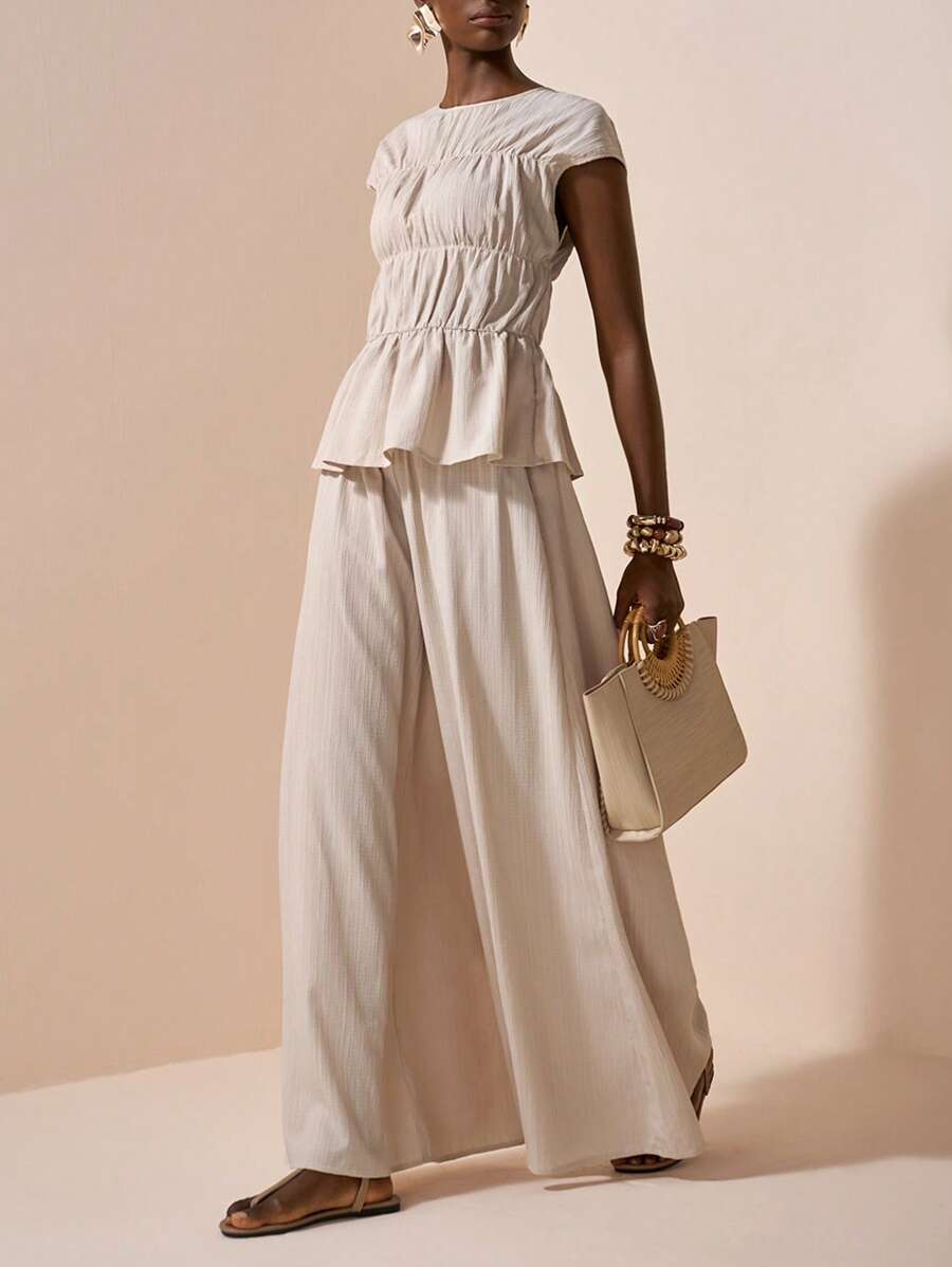 Zivah 2025 夏季新款时尚音乐节/毕业休闲装，学院风，学生日常穿着，百搭休闲海滩度假太阳裙，纹理棉麻面料短袖褶皱下摆衬衫和阔腿裤 2 件套