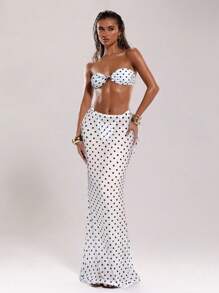 SHEIN BAE Nuevo vestido de verano para mujer con estampado de lunares en blanco y negro, de cintura baja con cordón, elegante y sexy para vacaciones, concierto country