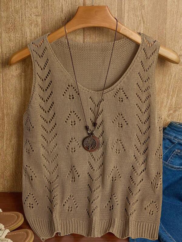 EMERY ROSE Plus Size Women Solid Color Hollow V-Neck Sleeveless Casual Knit Top