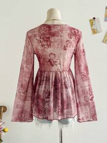 Soleia Women's Retro Newspaper Print V-Neck Front Tie Bow Flare Sleeve Asymmetric Ruffle Hem A-Line Top, Suitable For Vacation, Early Autumn, Party, Date, Afternoon Tea, Layering,Graphic Tops,Night Out  Going Out Tops,Back To School,Homecoming Vintage Blouse Shabby Chic Top Feminine Top Rose Print Blouse