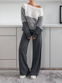 EURMUSE Casual Crew Neck Drop Shoulder Color Block Cozy Sweater Pullover & Wide Leg High Waist Solid Color Knitted Pants 2 Pieces Set For Fall Winter Outfits,Petite - Grey - View 4