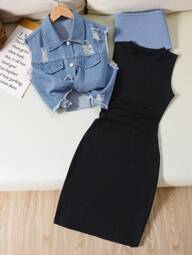 2pcs Outfit For Tween Girls Black Knit Tank Dress With Frilled Edges & Washed Denim Vest, Casual Wear & Commuter Style