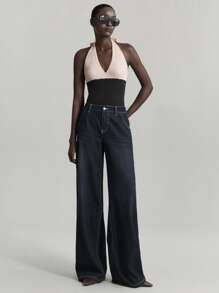 Ontre Conjunto de body de punto de color contrastante (rosa en polvo y gris oscuro), top de suéter de cuello halter, estilo retro moderno