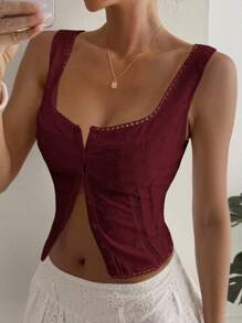 DAZY Áo hai dây ôm sát cơ thể dành cho nữ, chất liệu ren jacquard, kiểu dáng gợi cảm, áo croptop nữ, thích hợp cho ngày Valentine. - Màu Đỏ Sâu - Xem 4