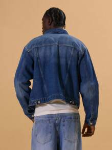 Musero Baggy Long Sleeve Boxy Washed Denim Jacket Front Pocket Button Up Detailing Spring Summer Vacation Streetstyle - Medium Wash - View 4