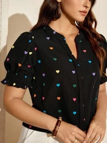 EMERY ROSE 大码女式编织花卉印花休闲夏季衬衫，适合新年、情人节、感恩节、圣诞节、复活节、国庆节、联欢晚会、除夕夜、圣诞派对、圣诞装饰、圣诞睡衣、家居春假情人节爱之吻玫瑰 - 黑色 - 查看 1