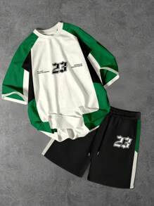 Manfinity Campus Court Men's Casual Contrast Color Patchwork Crew Neck Short Sleeve T-Shirt And Drawstring Shorts Set Men Two Pieces Set Men 2 Pieces Set Men 2 Pieces Shorts Set - Multicolor - View 1